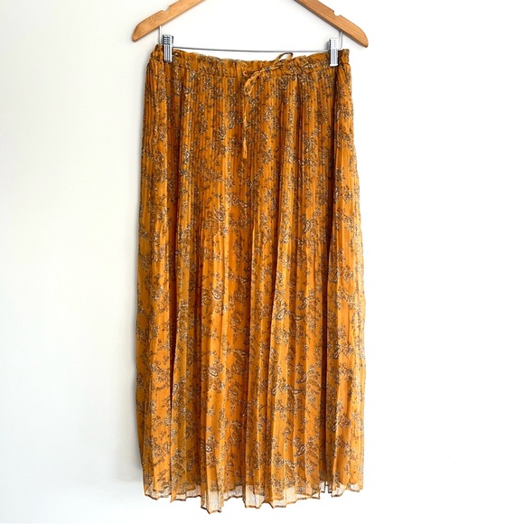 MANGO Mustard Floral Print Pleated Chiffon Tie & Elastic Waist Midi Skirt Sz M - Picture 2 of 13